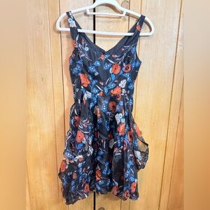 ANAGRAM Floral Designer Sleeveless Zip Up Silk Bustled Mini Dress